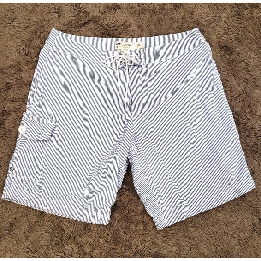 J. Crew Men's 32 Seersucker Board Shorts Swim Trunks Blue White Stripe Beach